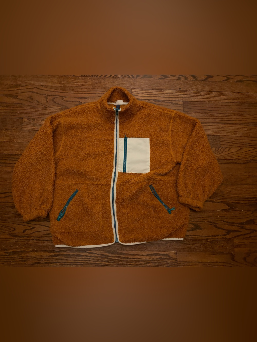Universal Thread Women's Rust Sherpa Jacket with Cream Pocket and Teal Accents